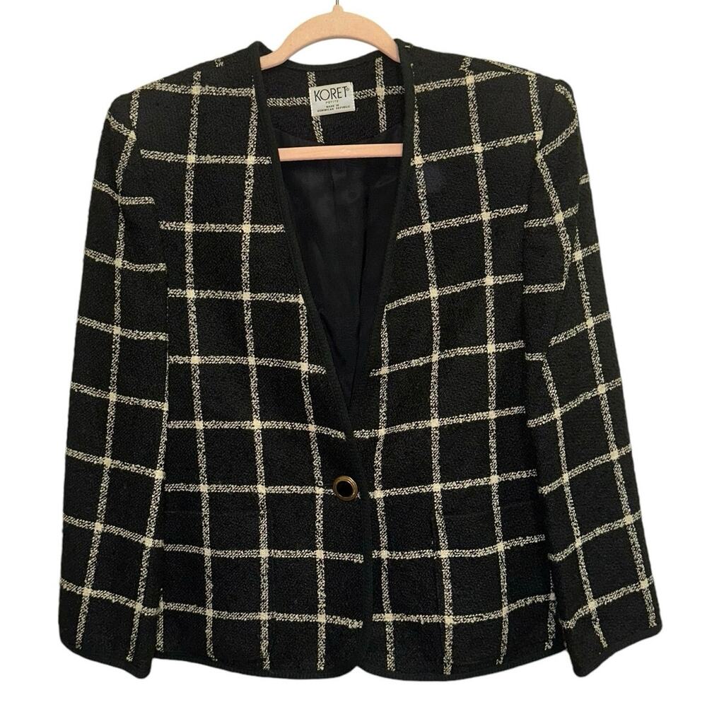 Vintage Koret Wool Blend Blazer 10 Petite Black White Windowpane